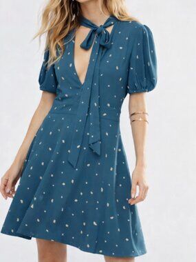 Free People Abbie Fit & Flare Mini Dress Teal Orange Dot Size 0 NWT